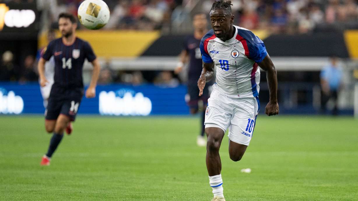 FILE - Haiti's Louicius Don Deedson (10) keeps an eye on the ball during a CONCACAF Gold Cup soccer match against the United States Sunday, June 22, 2025, in Arlington, Texas.