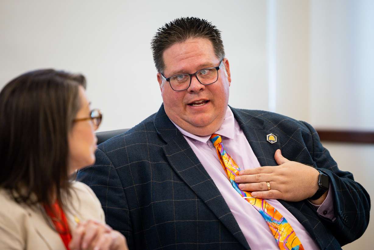 Ryan Cowley, director of elections at the Utah Lieutenant Governor's Office, right, speaks during a roundtable to discuss the completion of the citizenship audit of Utah's voter registration rolls at the state Capitol in Salt Lake City on Wednesday.