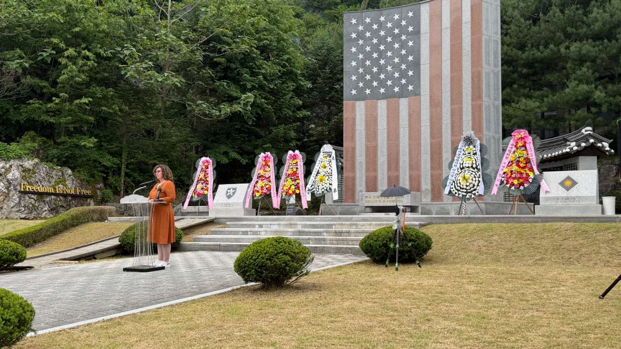 Rep. Celeste Maloy, R-Utah, offers remarks at the memorial site honoring the Miracle of Gapyeong on Tuesday. Maloy visited the site on the miracle's 75th anniversary to remember soldiers from the Beehive State who fought in the battle.