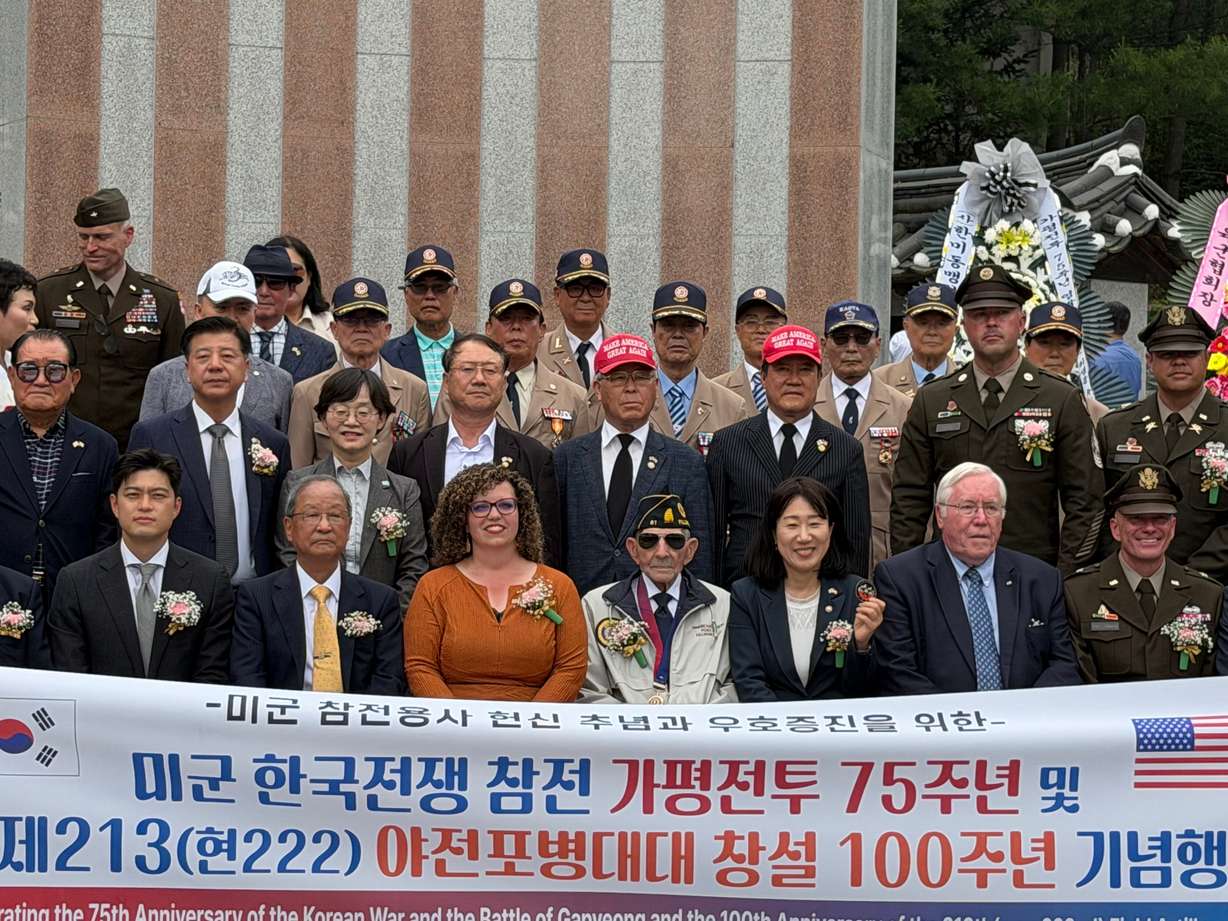 Rep. Celeste Maloy, R-Utah, poses with other officials at the memorial site honoring the Miracle of Gapyeong, a key battle during the Korean War, in Seoul, South Korea, Tuesday. Maloy visited to commemorate the 75th anniversary of the battle.