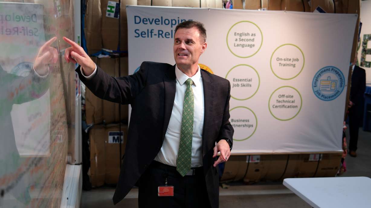 Blaine Maxfield, managing director of The Church of Jesus Christ of Latter-day Saints’ Welfare and Self-Reliance Services, gives a tour of the church's new Humanitarian Center in Salt Lake City on Wednesday.