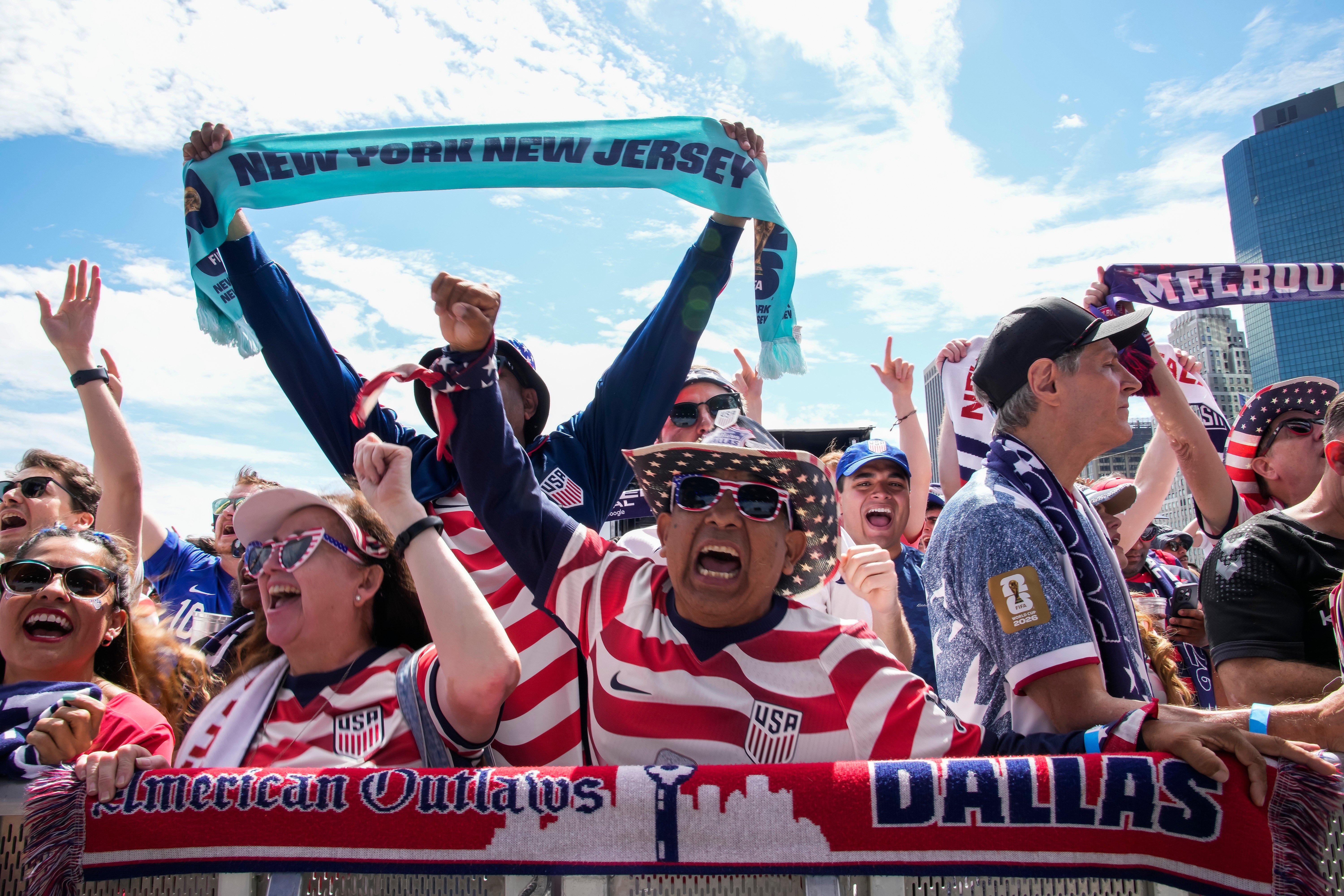 Fans celebrate during the announcement of the United States men's national soccer team roster, Tuesday, May 26, 2026, in New York, ahead of the FIFA World Cup soccer tournament. 