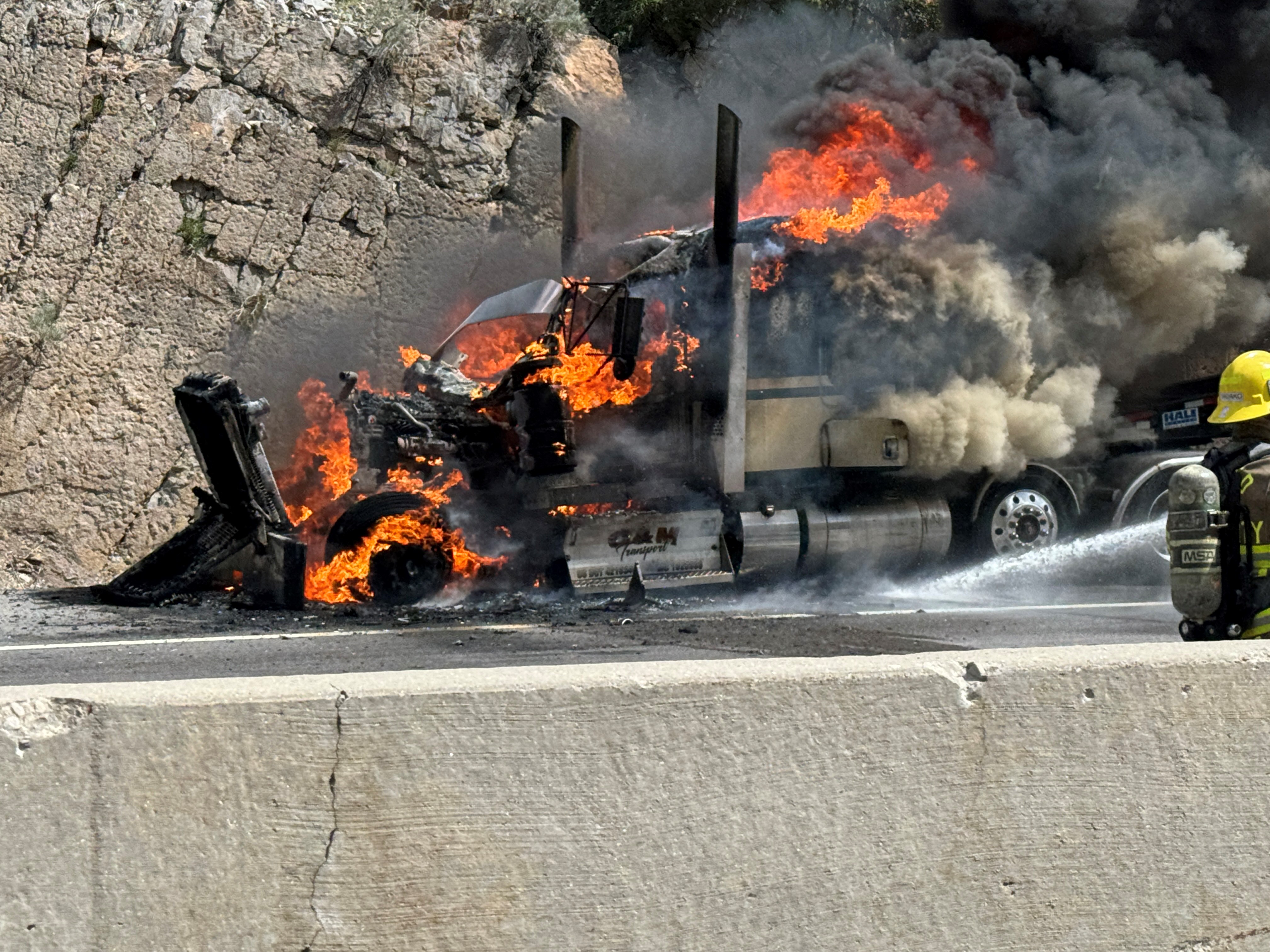 A semitruck caught fire Wednesday along I-80 in Parleys Canyon.