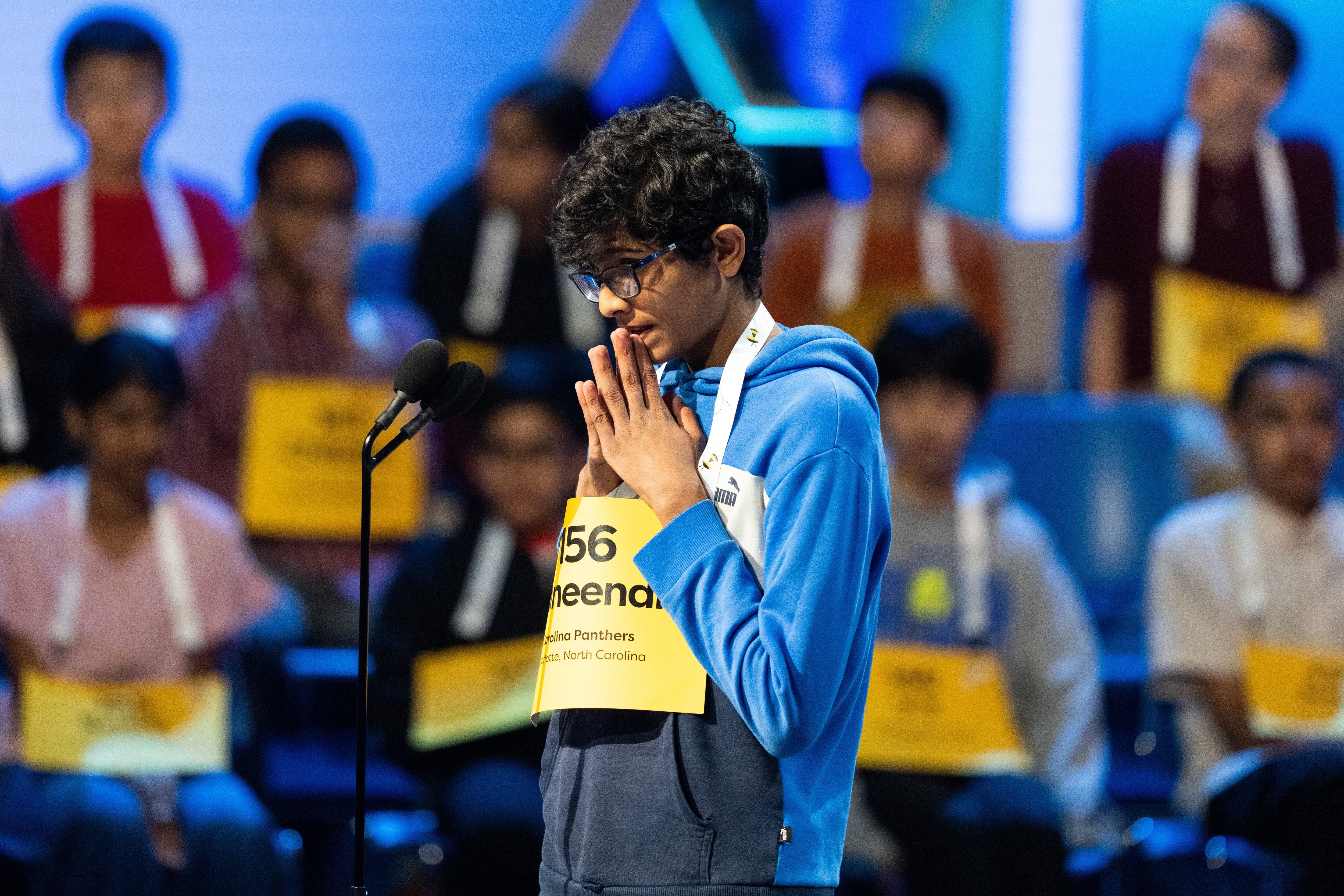 Phaneendra Bulusu, 14, of Concord, N.C., competes during the quarterfinals of the Scripps National Spelling Bee, Wednesday, in Washington. Bulusu was among the field of 247 participating this week.