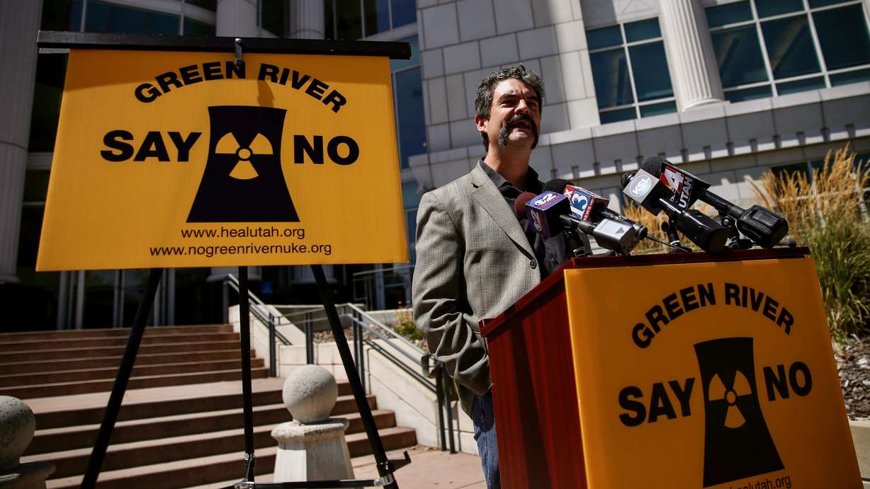 Two firms are teaming to revive a nuclear power initiative in Green River, they announced Wednesday. The Aug. 10, 2016, photo shows Matt Pacenza, then-executive director of HEAL Utah, at a press conference in Salt Lake City related to concerns about an earlier incarnation of the plans.
