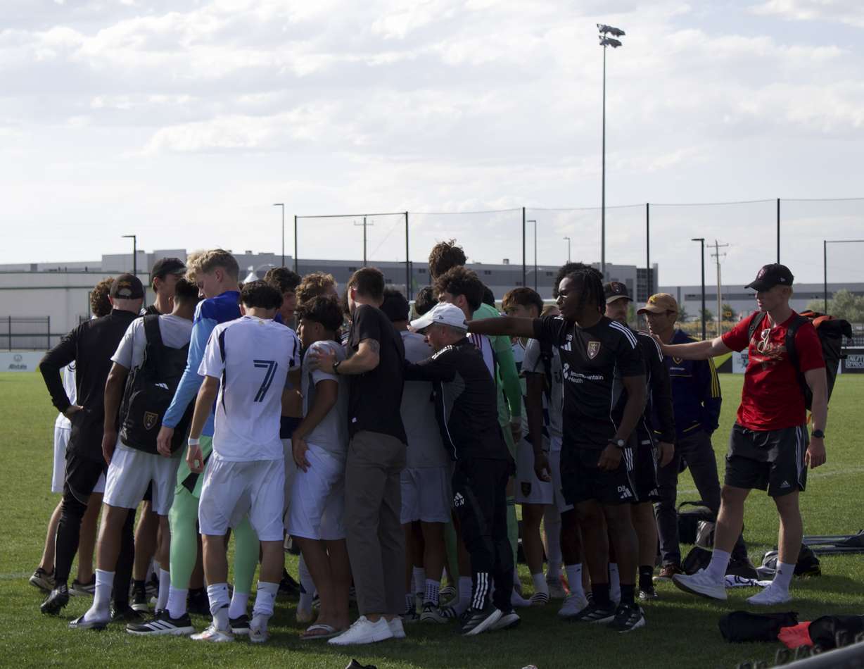 Real Salt Lake Academy U19 huddle up after falling to Columbus Crew SC Academy, 3-1 in an MLS NEXT Cup quarterfinal, Wednesday, May 27, 2029 at the Salt Lake Regional Athletic Complex in Salt Lake City.