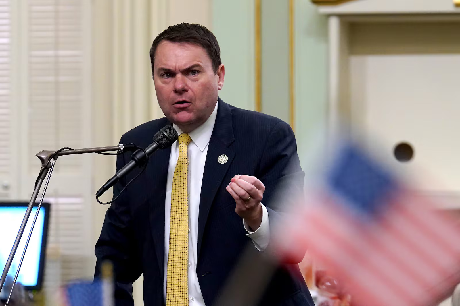Republican Assembly member Carl DeMaio during an Assembly session at the Capitol in Sacramento, Calif., Aug. 21. DeMaio sought to urge his colleagues to defeat the "Stop Nick Shirley Act," which passed the Assembly on Tuesday.