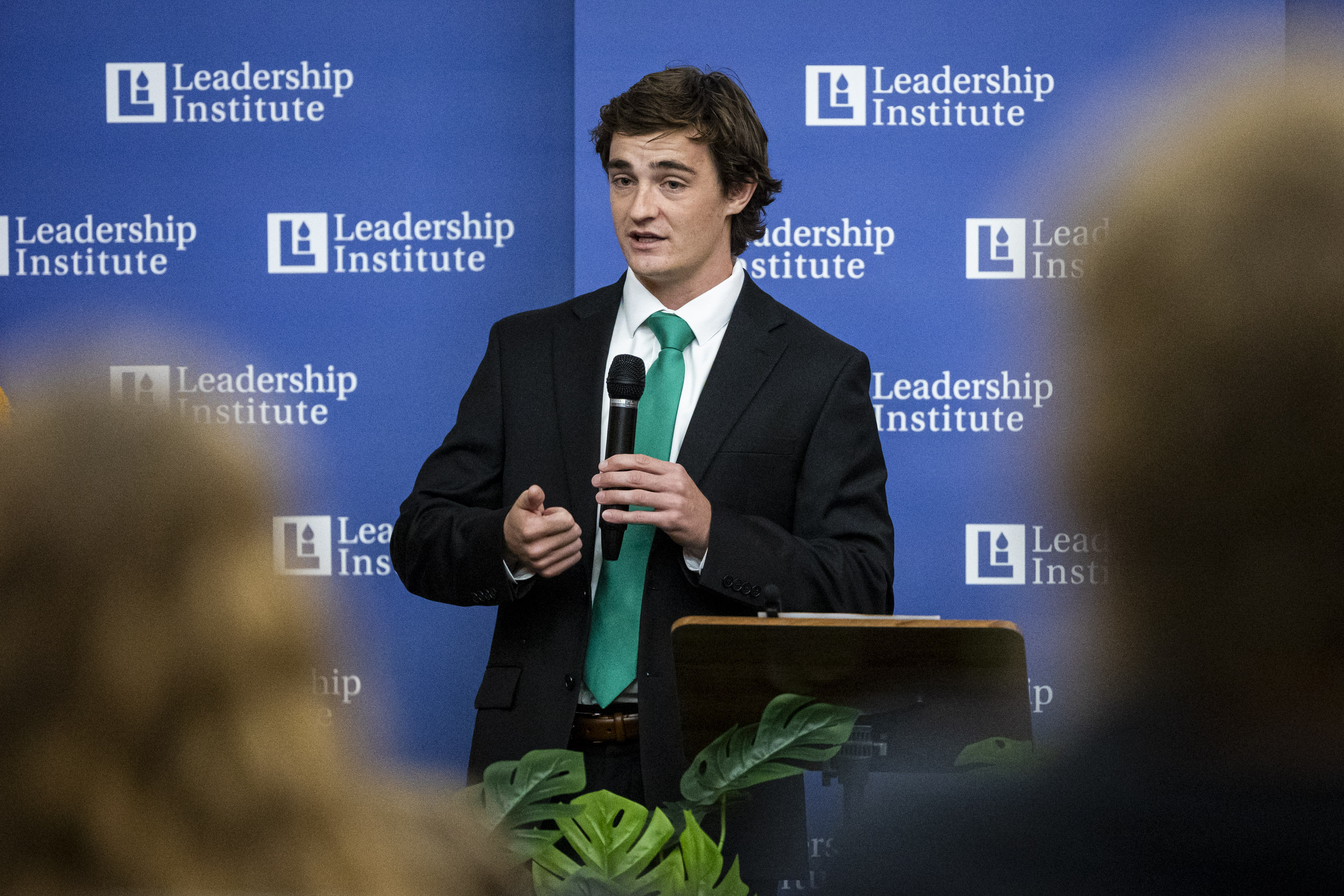 Nick Shirley speaks during an event held by the Utah Federation of College Republicans at the University of Utah in Salt Lake City on April 10. Shirley's viral video sparked a new bill that passed the California State Assembly on Tuesday.