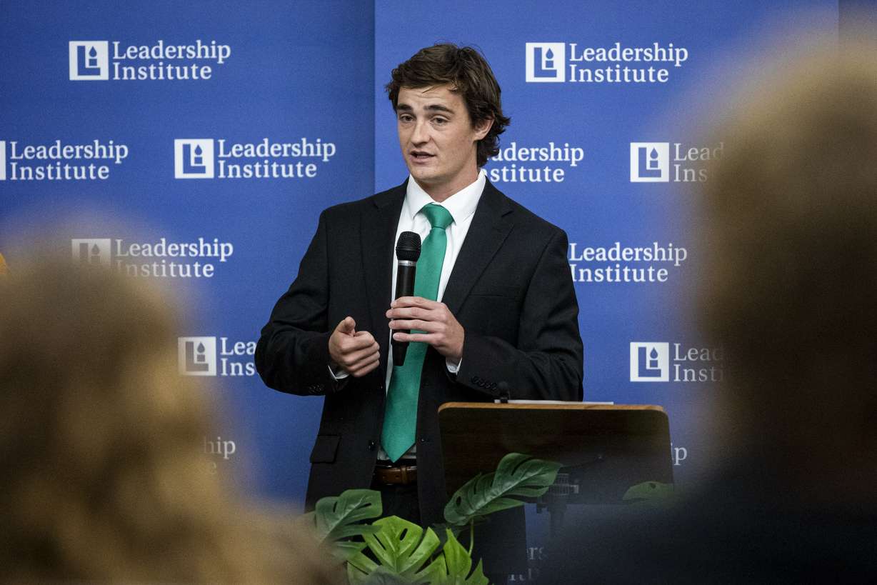 Nick Shirley speaks during an event held by the Utah Federation of College Republicans at the University of Utah in Salt Lake City on April 10. Shirley's viral video sparked a new bill that passed the California State Assembly on Tuesday.