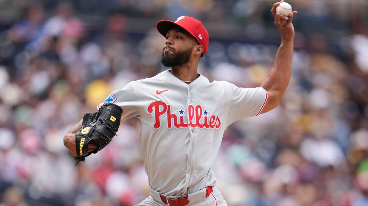 Philadelphia Phillies starting pitcher Cristopher Sánchez works against a San Diego Padres batter during the second inning of a baseball game Wednesday, May 27, 2026, in San Diego.