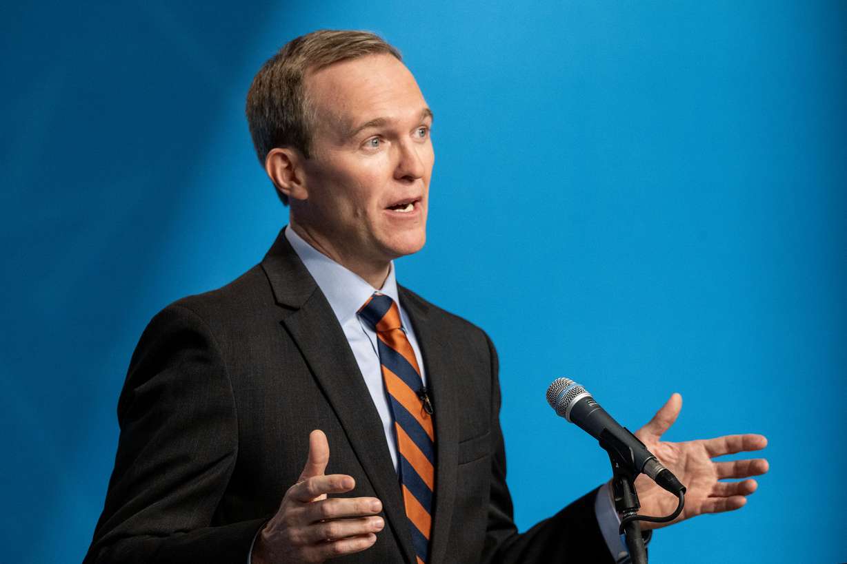 Ben McAdams during the 1st Congressional District Democratic primary debate at the Eccles Broadcast Center in Salt Lake City on Wednesday. McAdams is seen as the likely front-runner in the Democratic race for the nomination.