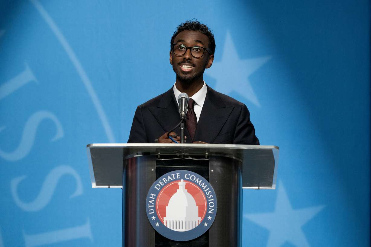 Liban Mohamed during the 1st Congressional District Democratic primary debate at the Eccles Broadcast Center in Salt Lake City on Wednesday. Mohamed pledged to build an immigration system "rooted in our shared humanity."