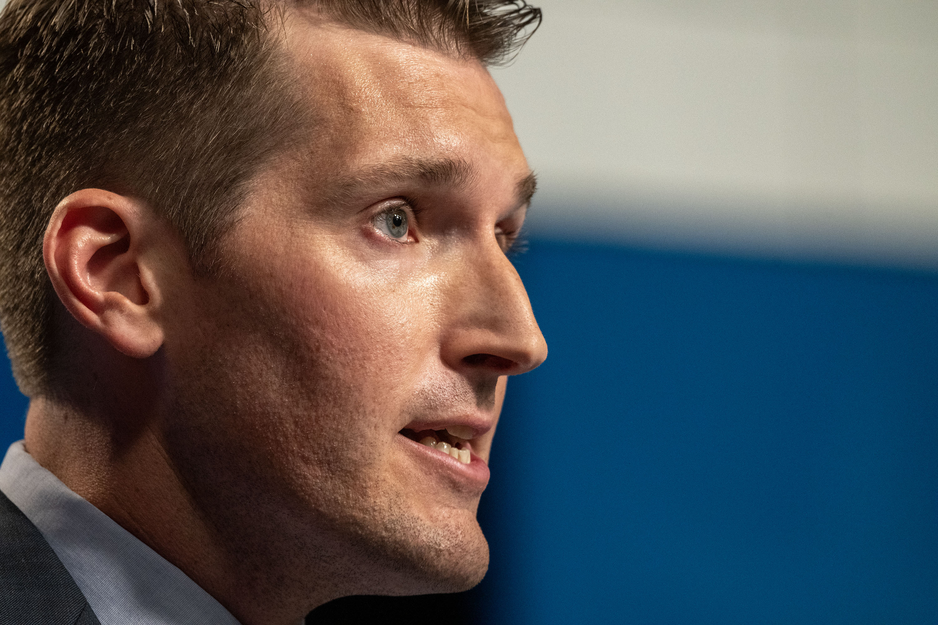 Nate Blouin speaks during the 1st Congressional District Democratic primary debate at the Eccles Broadcast Center in Salt Lake City on Wednesday. Blouin touted his bill that would have set a target elevation for the Great Salt Lake as part of a response to a question during the debate.