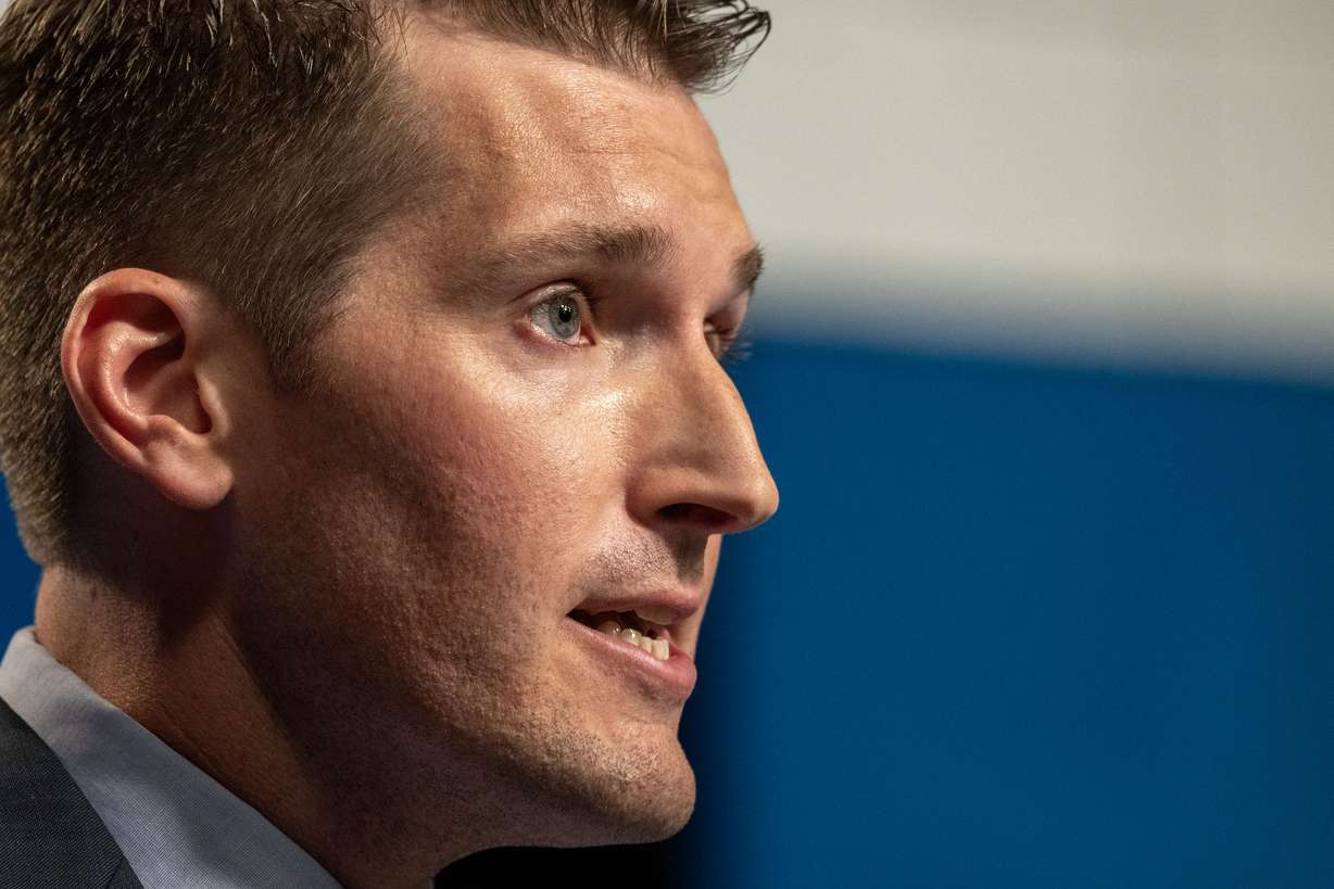 Nate Blouin speaks during the 1st Congressional District Democratic primary debate at the Eccles Broadcast Center in Salt Lake City on Wednesday. Blouin touted his bill that would have set a target elevation for the Great Salt Lake as part of a response to a question during the debate.