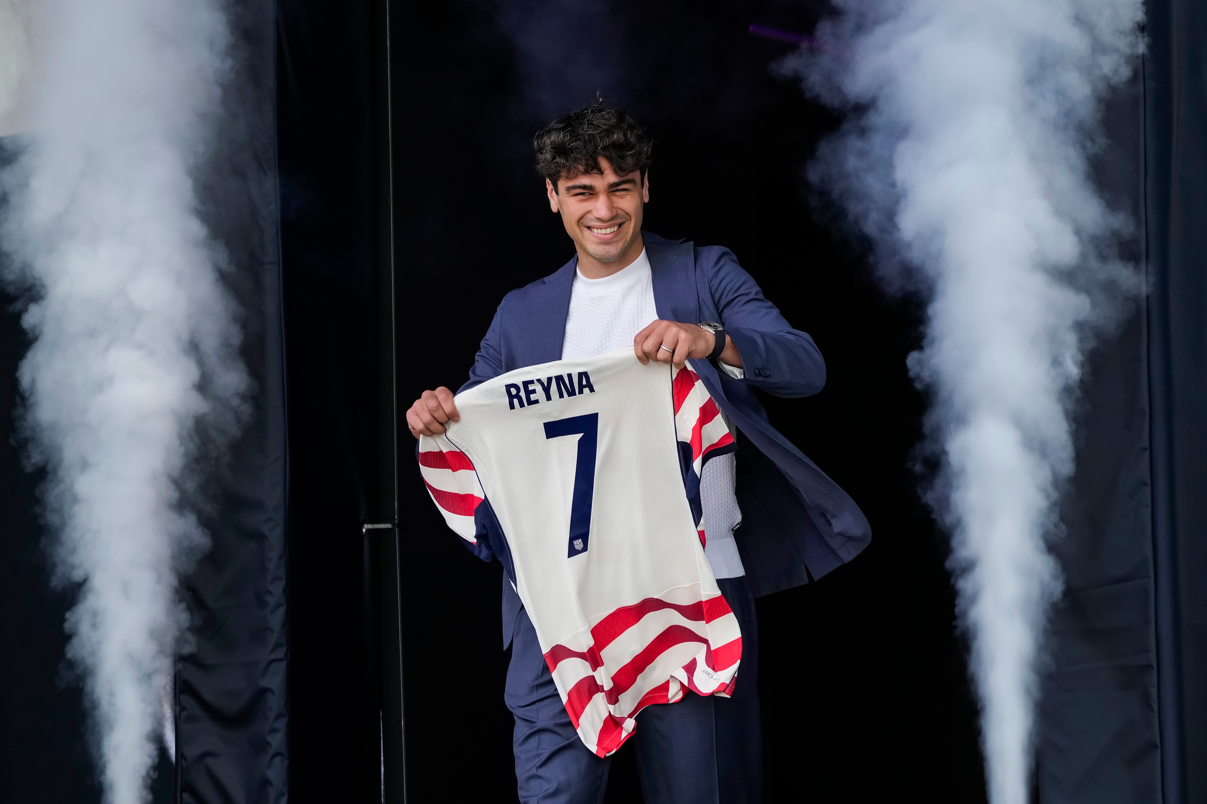 Midfielder Giovanni Reyna of the United States men's national soccer team is presented during the announcement of the team roster on Tuesday, May 26, 2026, in New York City, ahead of the 2026 FIFA World Cup. 