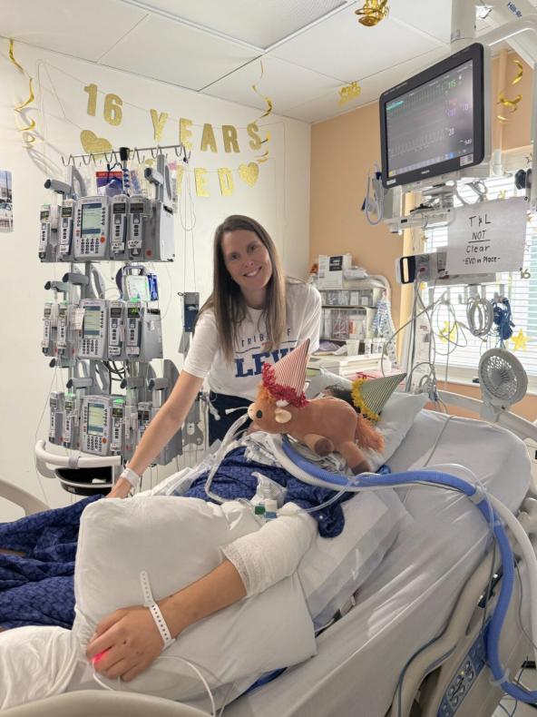 Amy Teemant pictured with Levi Teemant at Primary Children’s Hospital. Levi turned 16 while in a medically induced coma.