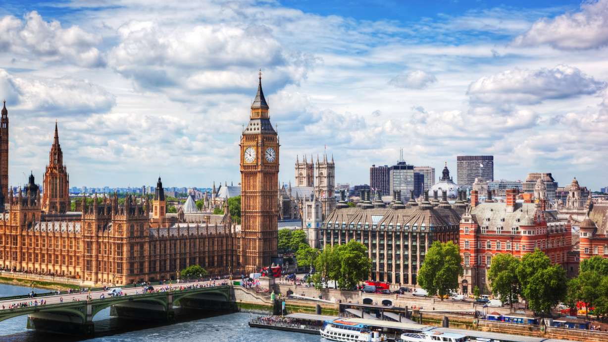 Big Ben and Westminster Bridge on River Thames in London.