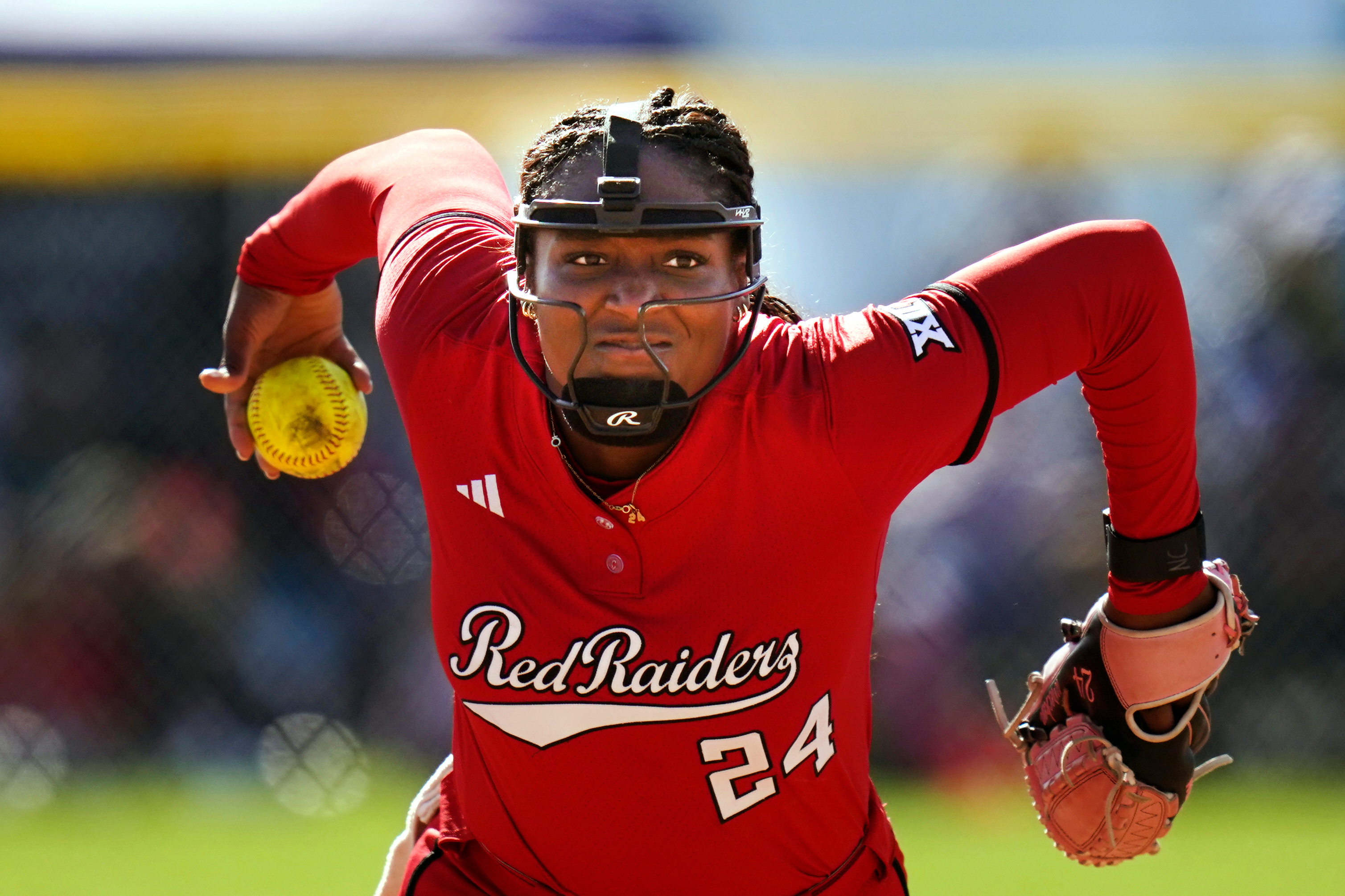 FILE - Texas Tech starting pitcher/relief pitcher Nijaree Canady (24) during an NCAA softball game against CS Fullerton on Saturday, Feb. 21, 2026, in Cathedral City, Calif. 