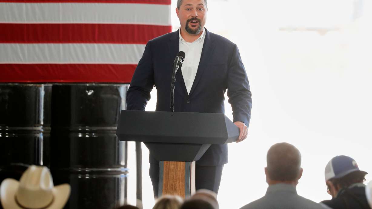 FILE - Cody Campbell, the co-CEO of Double Eagle Energy, introduces President Donald Trump at a Double Eagle Energy oil rig, July 29, 2020, in Midland, Texas.