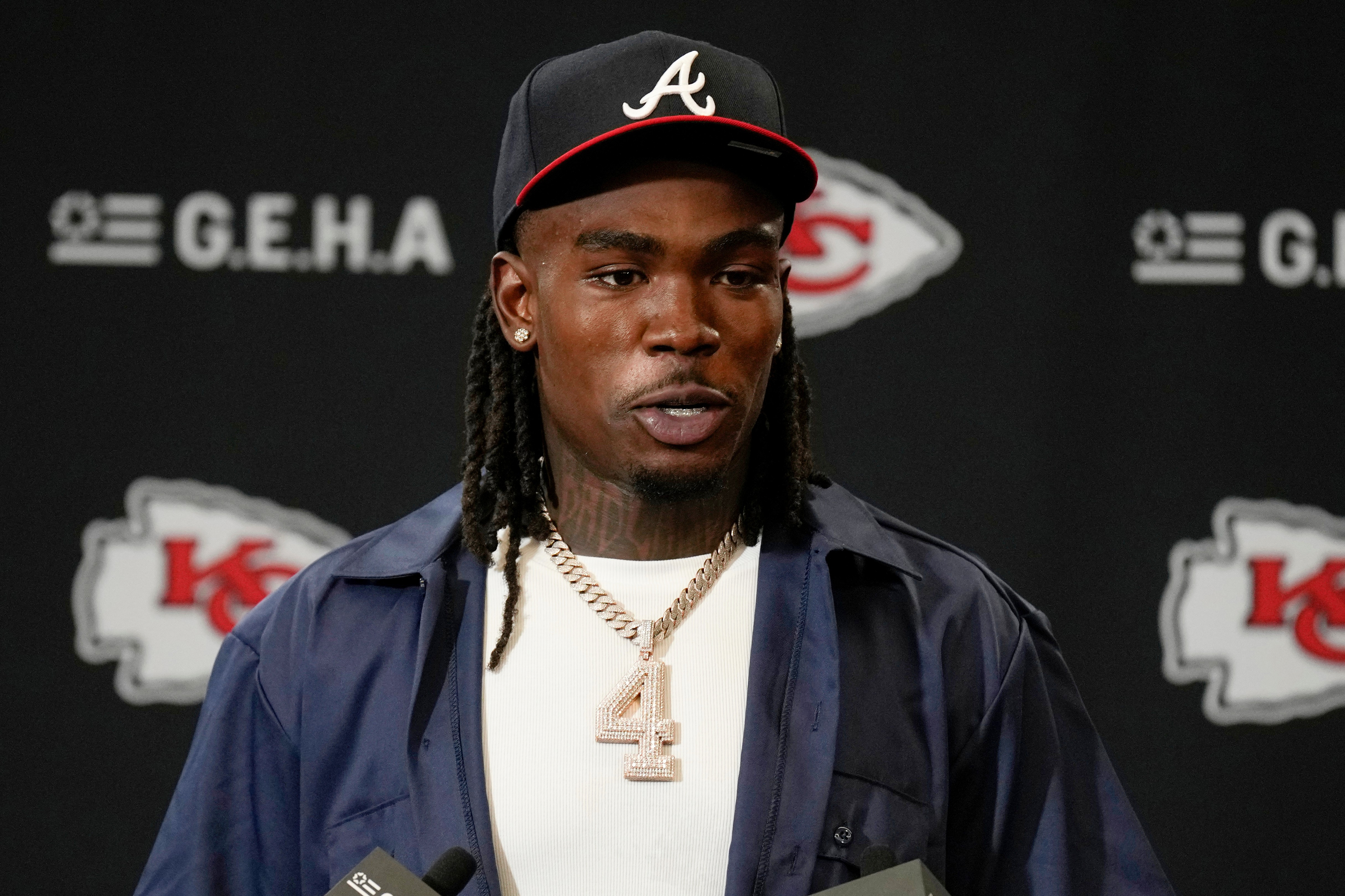FILE - Kansas City Chiefs wide receiver Rashee Rice speaks during a news conference following an NFL football game against the Indianapolis Colts, Nov. 23, 2025, in Kansas City, Mo. 