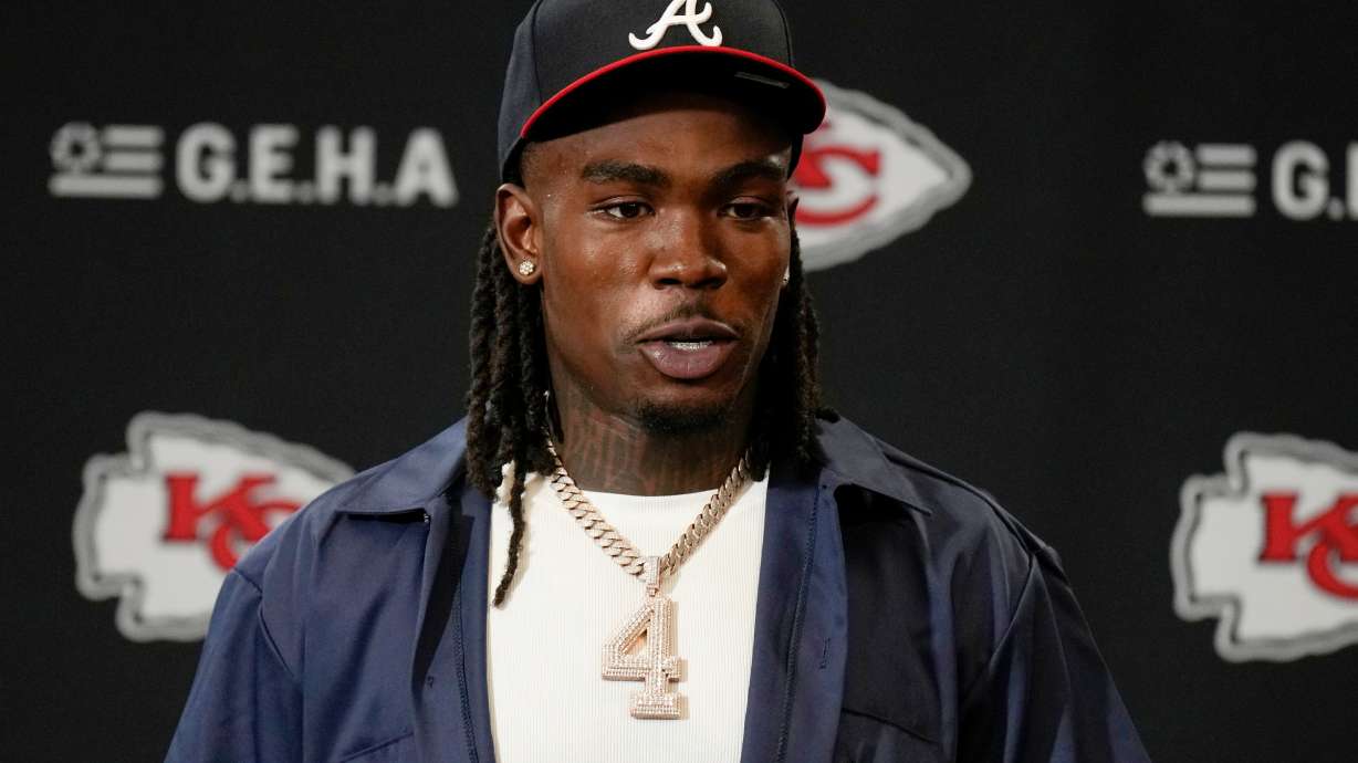 FILE - Kansas City Chiefs wide receiver Rashee Rice speaks during a news conference following an NFL football game against the Indianapolis Colts, Nov. 23, 2025, in Kansas City, Mo.