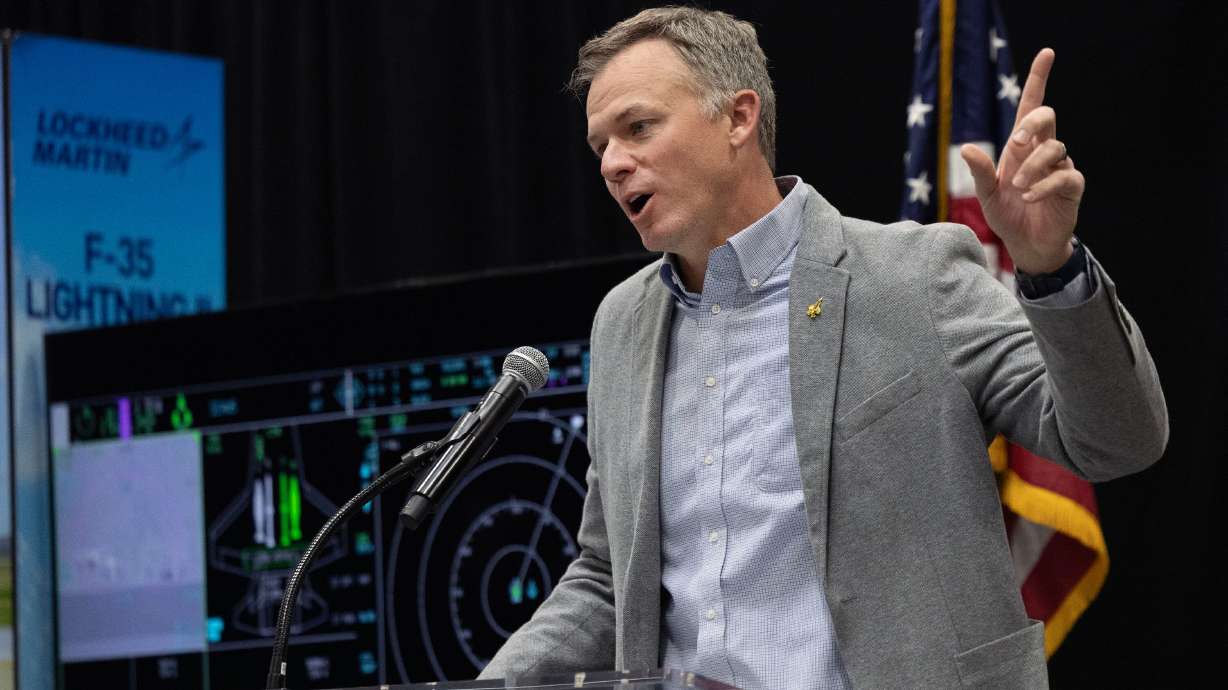 Rep. Blake Moore, R-Utah, speaks at an event highlighting F-35s at Janicki Industries in Layton. The company hosted an event to highlight the F-35's importance to national security and its boost to Utah's economy.