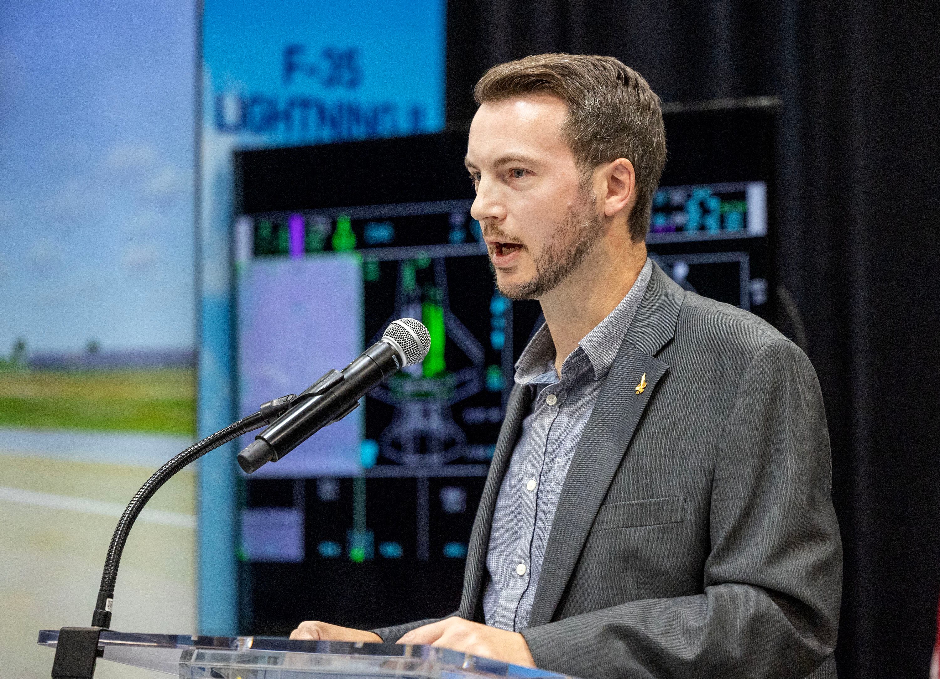 Marshall Hagen, Janicki Industries’ senior manager of strategic growth, speaks at an event highlighting F-35s at Janicki Industries in Layton on Thursday. Hagen called Utah unique to Janicki Industries in advancing manufacturing.