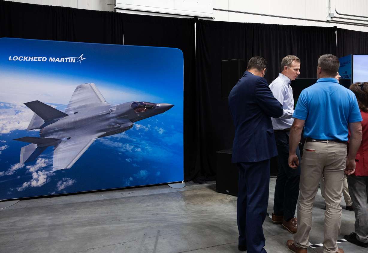 Rep. Blake Moore, R-Utah, speaks at an event highlighting F-35s in Layton on Thursday. Moore tried his hand — albeit virtually — at flying an F-35 at the event.