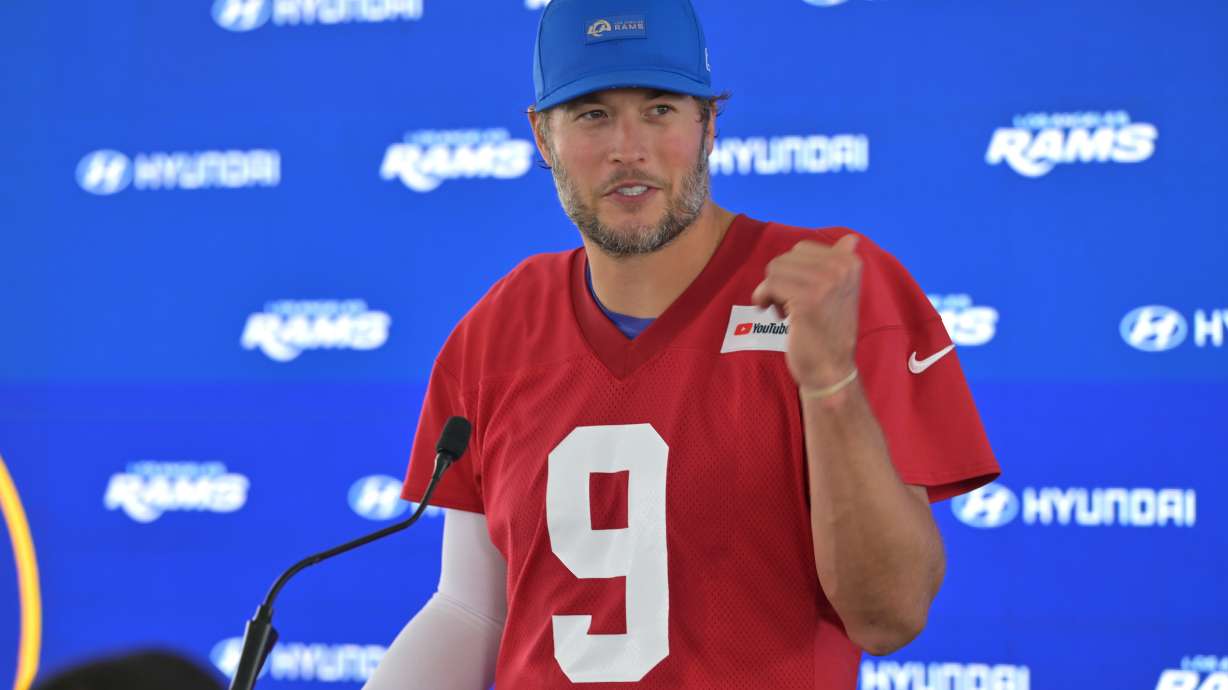 Los Angeles Rams quarterback Matthew Stafford talks to the media at a news conference during the NFL football team's practice Thursday, May 28, 2026, in Los Angeles.