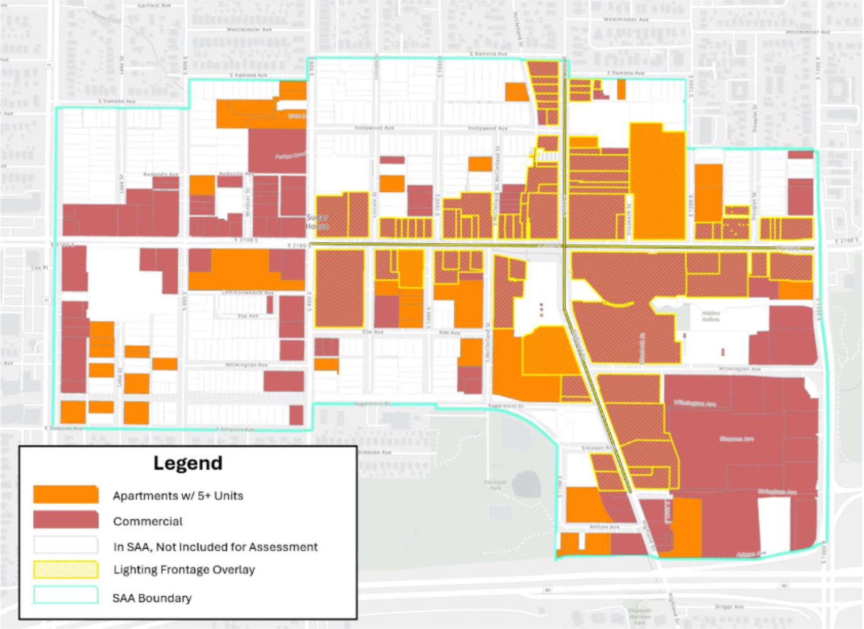 A map of the proposed Sugar House special assessment area. The commercial buildings in red would be assessed a small tax that would go toward promotion of the area, if approved.