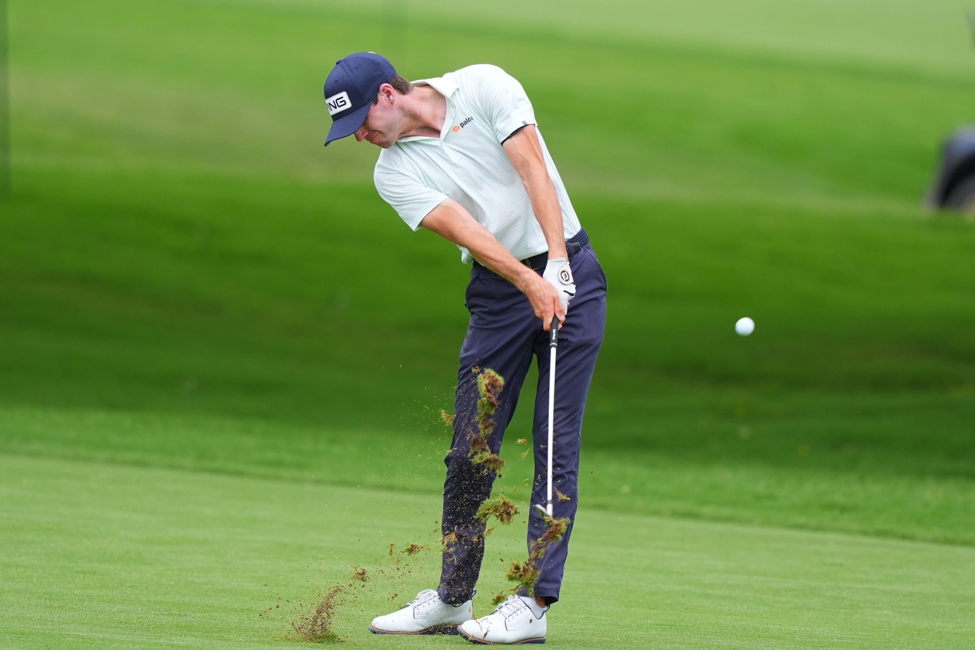 Alex Smalley hits from the ninth fairway during the first round of the Charles Schwab Challenge golf tournament at Colonial Country Club in Fort Worth, Texas, Thursday, May 28, 2026. 