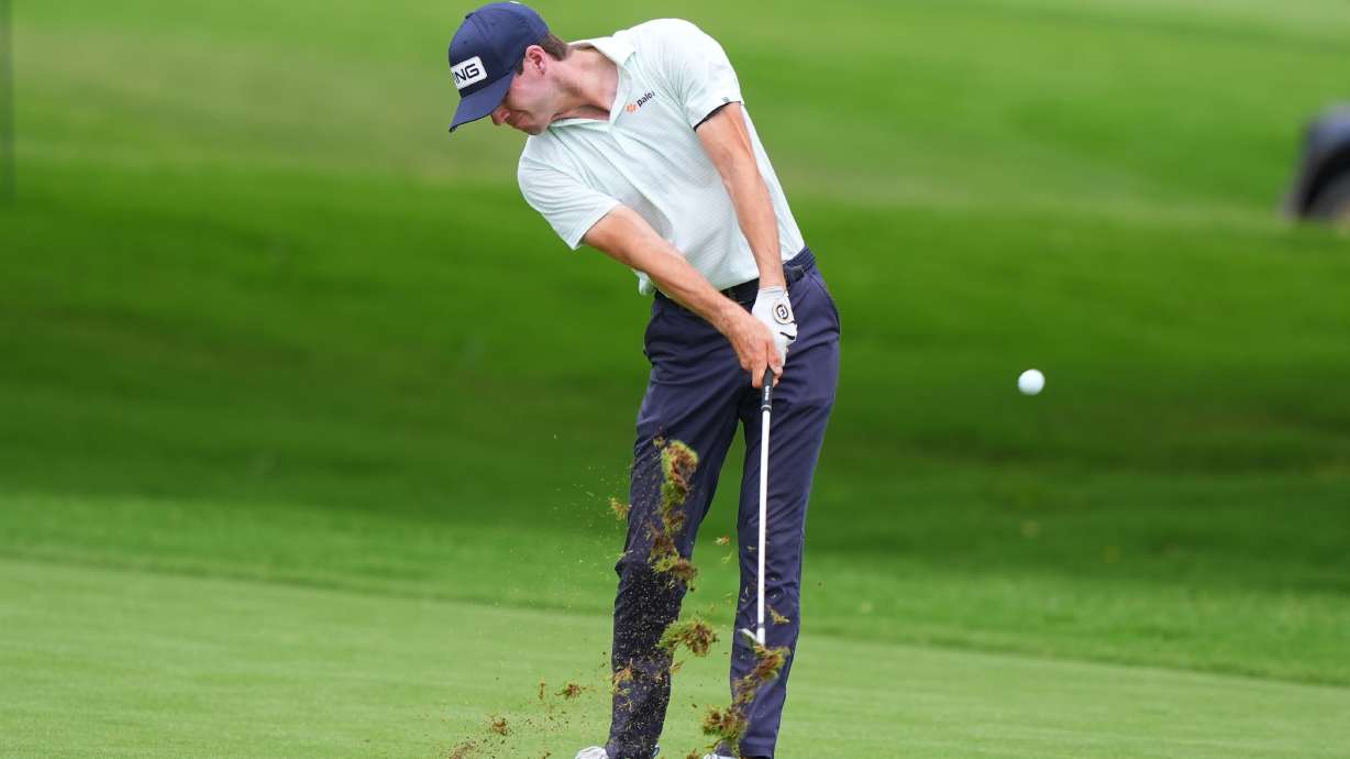 Alex Smalley hits from the ninth fairway during the first round of the Charles Schwab Challenge golf tournament at Colonial Country Club in Fort Worth, Texas, Thursday, May 28, 2026.