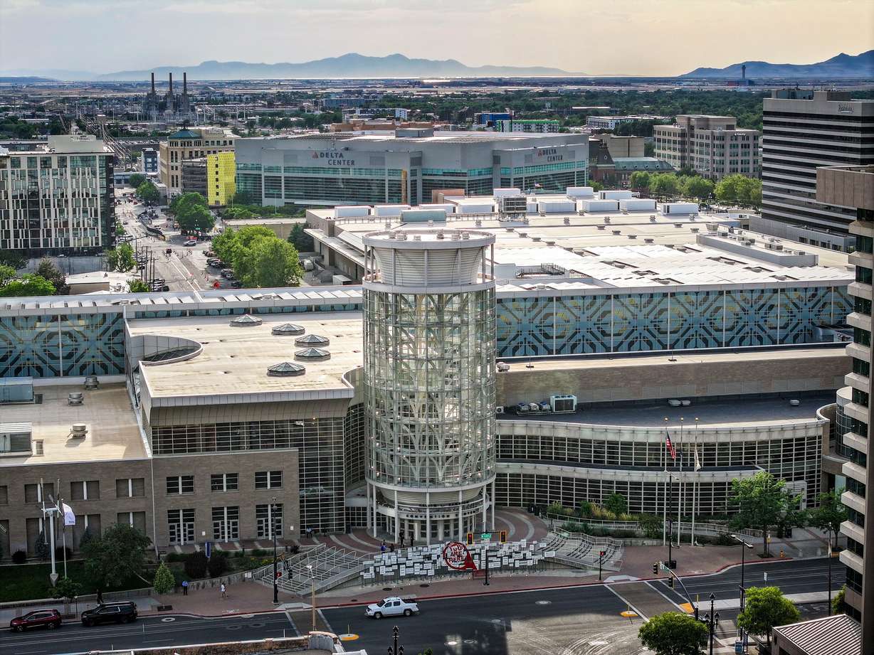 The Salt Palace Convention Center and the Delta Center stand among other buildings in downtown Salt Lake City on Tuesday. Cash is beginning to flow from a sales tax increase to fund a planned sports and entertainment district in downtown.