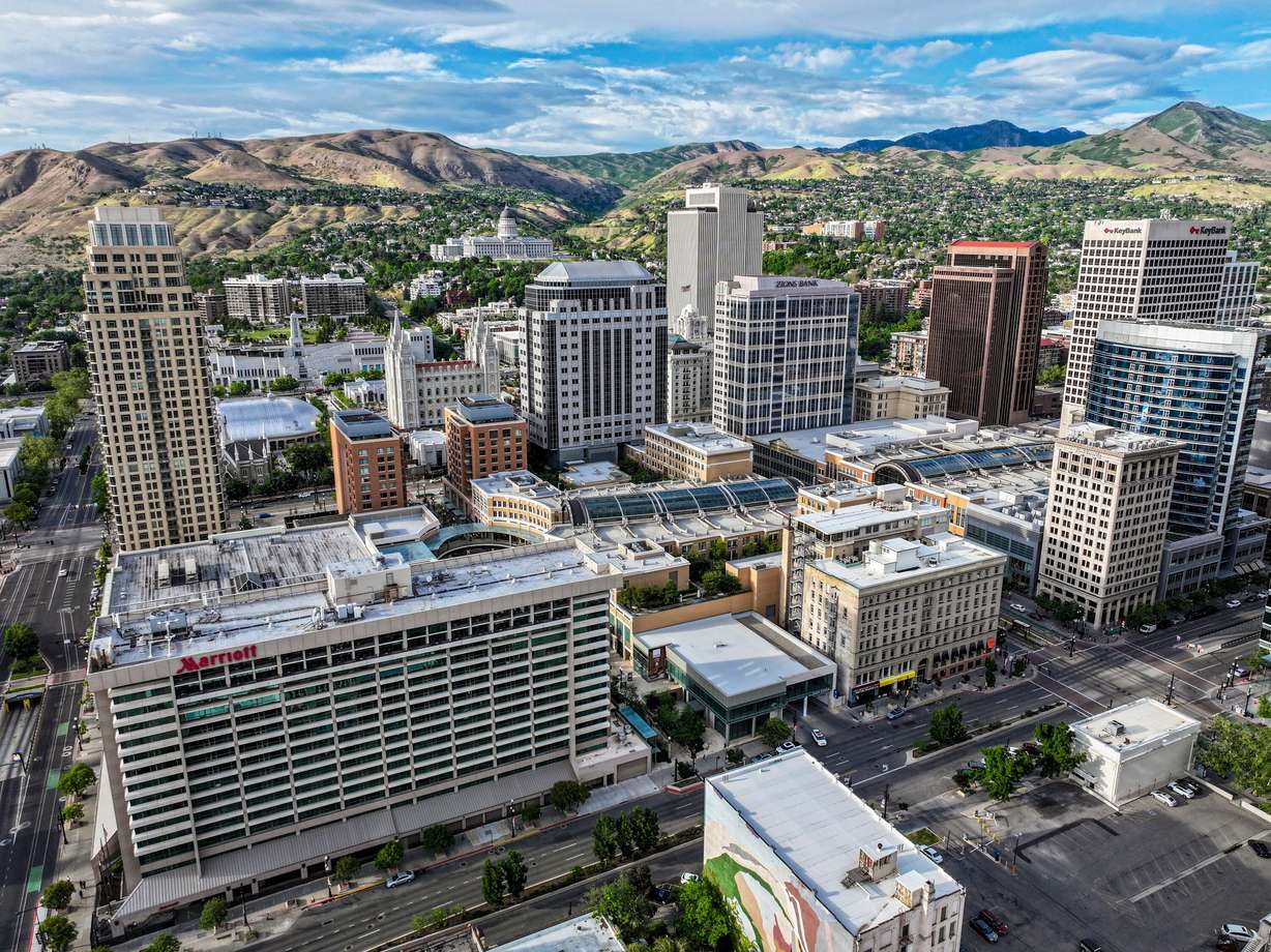 Downtown Salt Lake City is pictured on Tuesday. Downtown will look different after the completion of a planned sports and entertainment district, expected to finish before Utah's Winter Olympics in 2034.