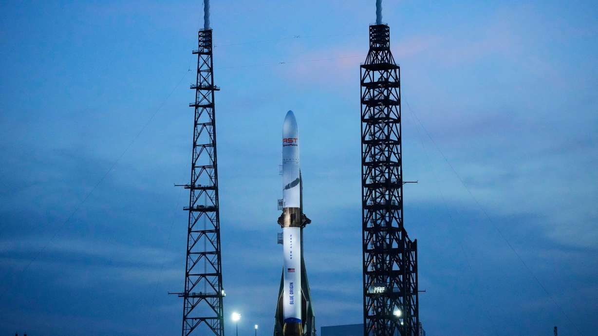 A Blue Origin New Glenn rocket at the Cape Canaveral Space Force station in Cape Canaveral, Fla., April 18. A rocket exploded on the launch pad on Thursday during an engine-firing test.