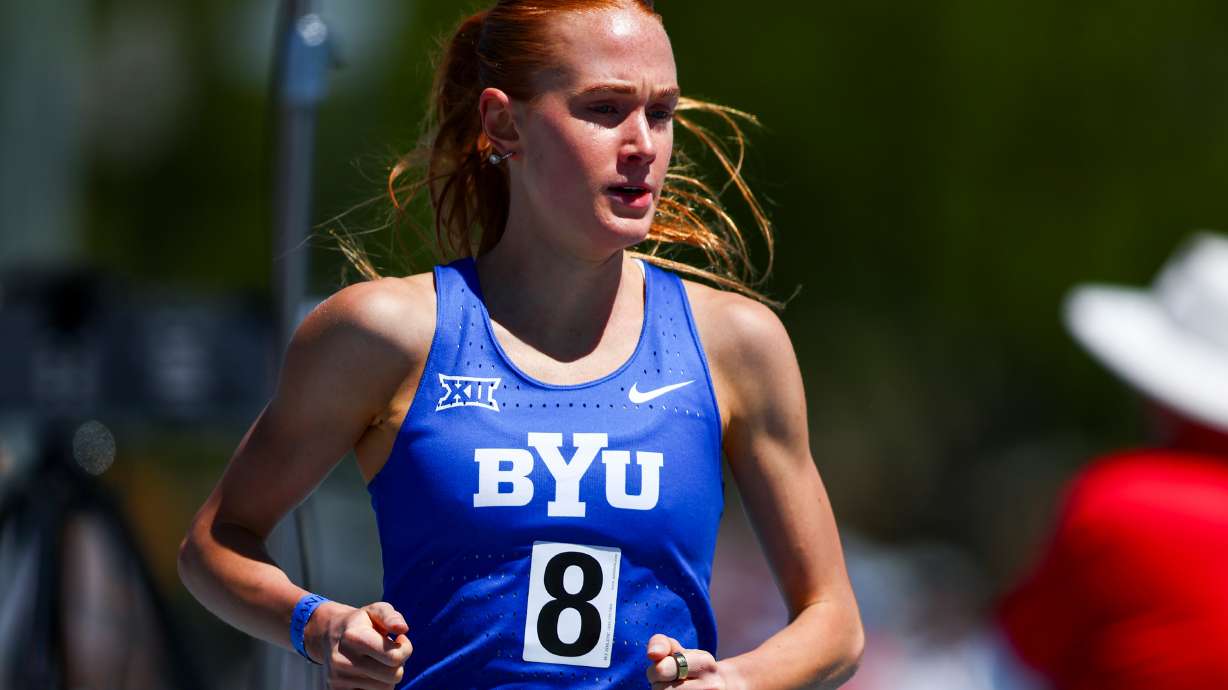 BYU’s Jane Hedengren (8) runs the Women's Jerry Collet 1 Mile during the 2026 BYU Robison Invitational at the Clarence F. Robison Track in Provo on Friday, May 1, 2026.