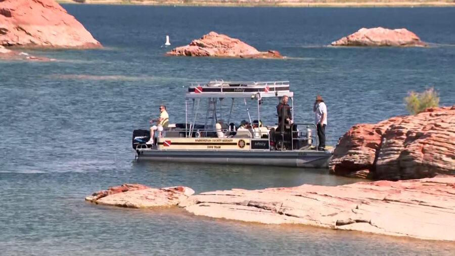 A boat is pictured at Sand Hollow Reservoir on Thursday during a search for a 22-year-old Michigan man who had fallen below the water level.
