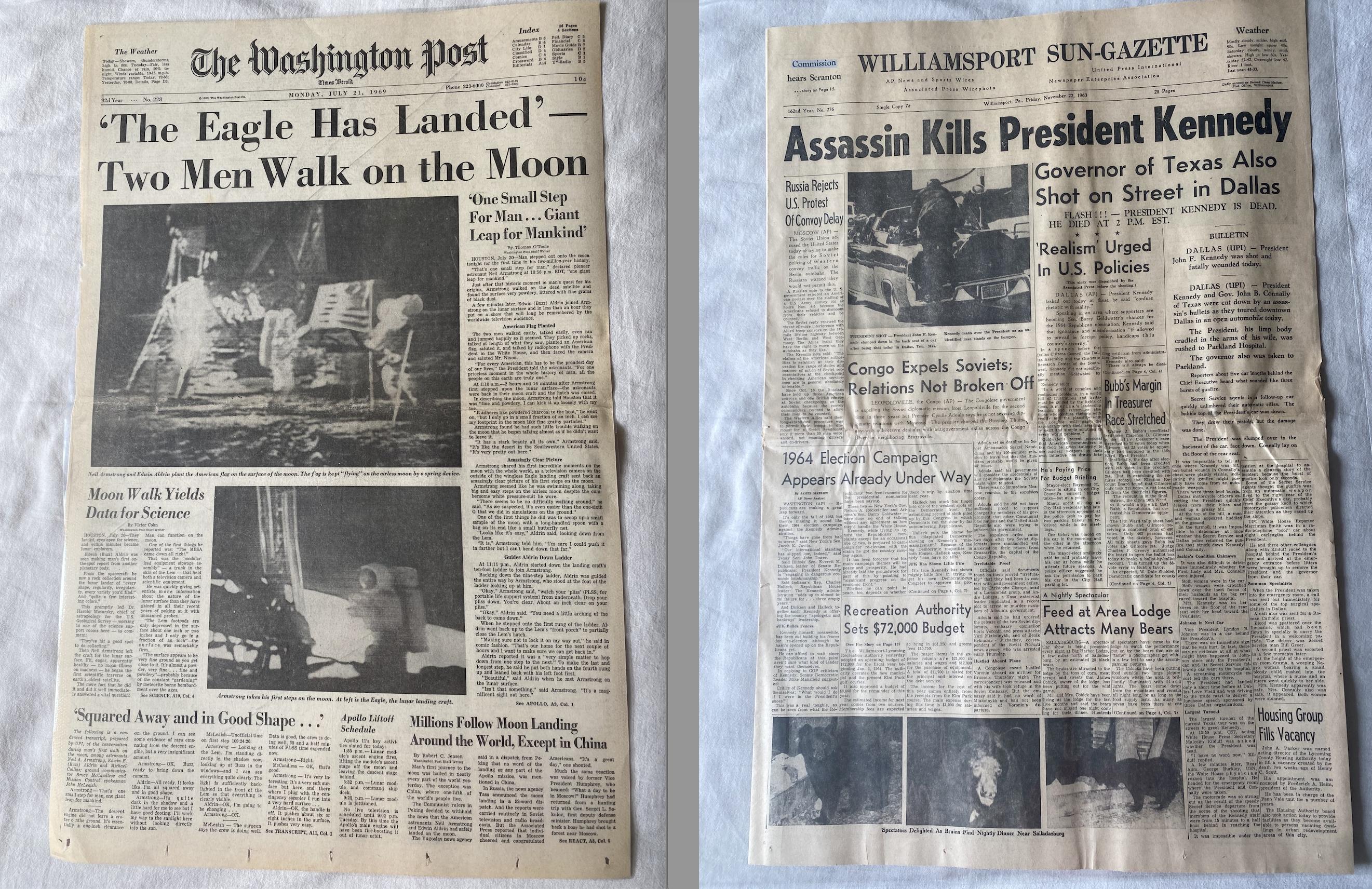 Nate Medsker is hosting an open house to show off his newspaper collection including a moon landing article in a Washington Post newspaper from 1969 and a 1963 Williamsport Sun-Gazette paper about President John F. Kennedy's assassination.
