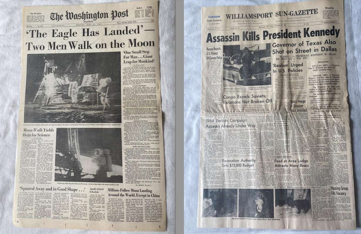 Nate Medsker is hosting an open house to show off his newspaper collection including a moon landing article in a Washington Post newspaper from 1969 and a 1963 Williamsport Sun-Gazette paper about President John F. Kennedy's assassination.