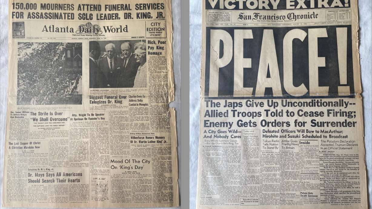 Nate Medsker is hosting an open house in Spanish Fork to show off his newspaper collection including a 1968 Atlanta Daily World paper on Dr. Martin Luther King Jr.'s funeral and a San Francisco Chronicle paper about the end of World War II in 1945.