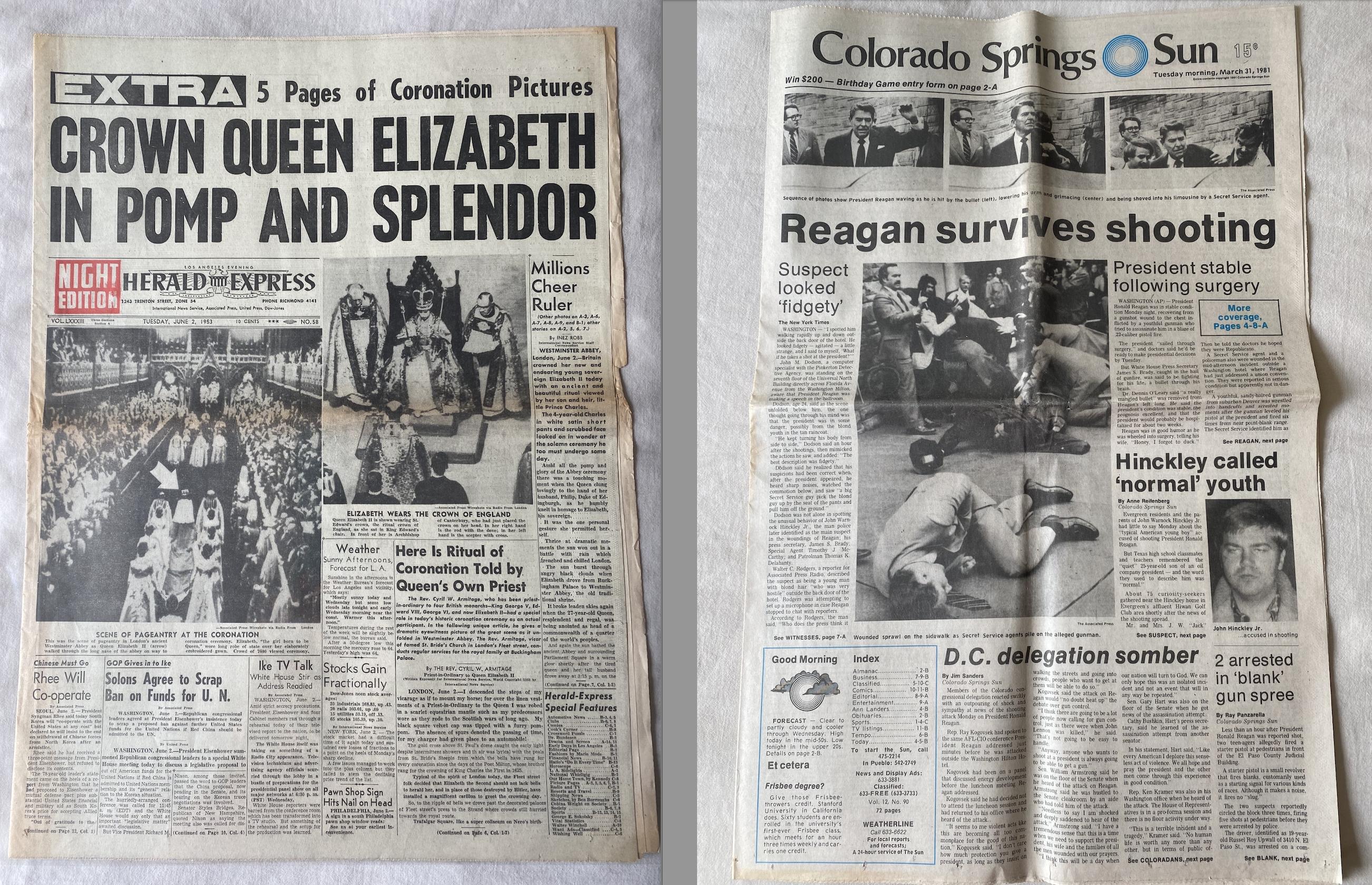 Nate Medsker is hosting an open house in Spanish Fork to show off his newspaper collection including a 1953 Los Angeles Herald Express about Queen Elizabeth's coronation and a Colorado Springs Sun paper on President Ronald Reagan's attempted assassination in 1981.