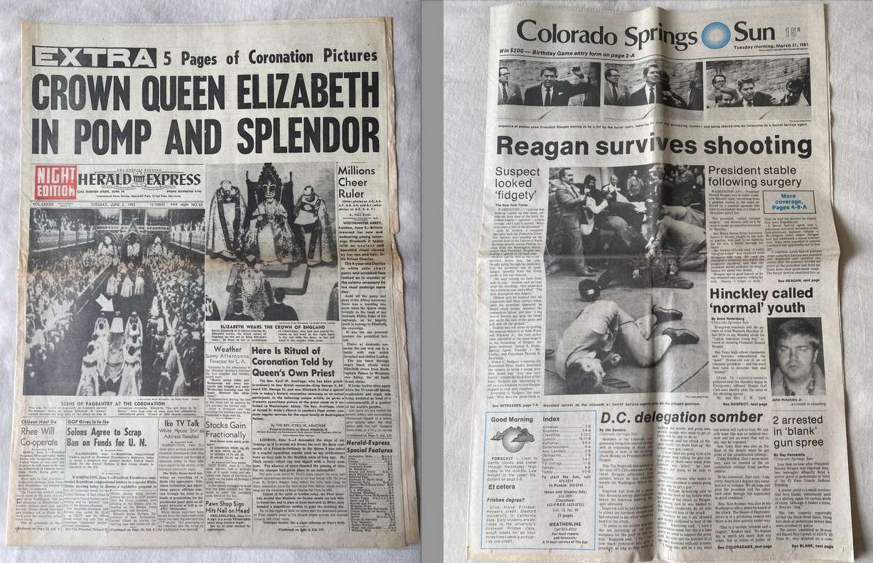 Nate Medsker is hosting an open house in Spanish Fork to show off his newspaper collection including a 1953 Los Angeles Herald Express about Queen Elizabeth's coronation and a Colorado Springs Sun paper on President Ronald Reagan's attempted assassination in 1981.