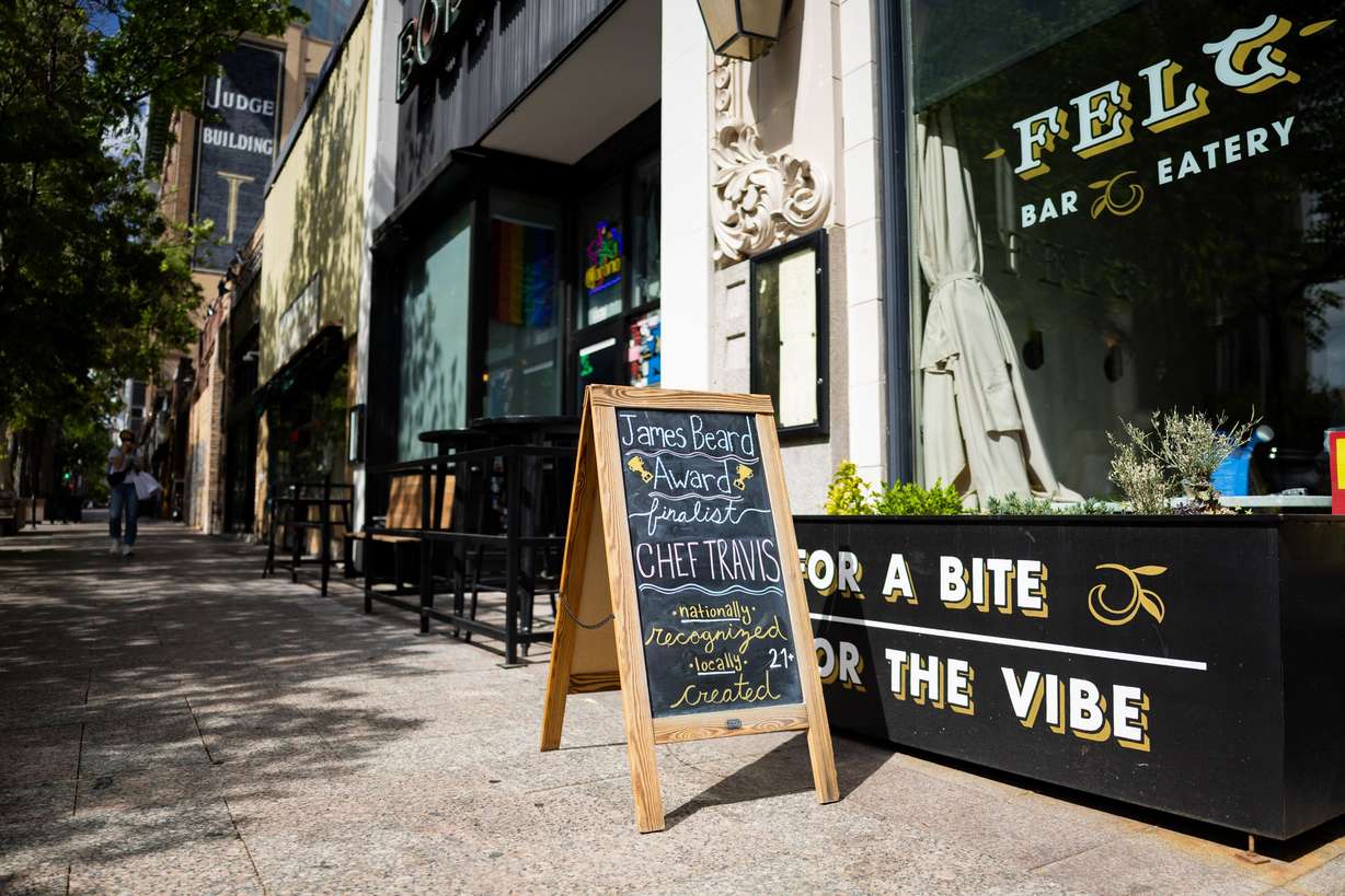 A sign outside Felt Bar and Eatery honoring chef Travis Herbert in Salt Lake City on Thursday. Herbert was named a finalist for the James Beard Awards recently.