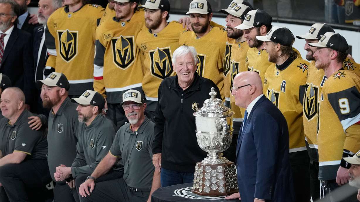 Vegas Golden Knights owner Bill Foley, middle, celebrate after winning Game 4 of the Western Conference finals NHL hockey Stanley Cup playoff series against the Colorado Avalanche Tuesday, May 26, 2026, in Las Vegas.