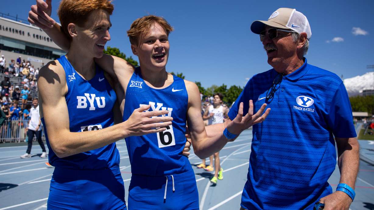 BYU’s Isaac Hedengren (10) and Tayvon Kitchen (6) celebrate after running in the Men’s Jerry Collet 1 Mile during the 2026 BYU Robison Invitational at the Clarence F. Robison Track in Provo on Friday, May 1, 2026. Both Hedengren and Kitchen ran under 4 minutes at 3:59.69 and 3:59.17, respectively.