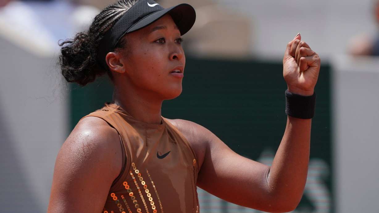 Naomi Osaka of Japan celebrates winning the third round women's singles tennis match against against Iva Jovic of the U.S. at the French Open tennis tournament in Paris, Saturday, May 30, 2026.