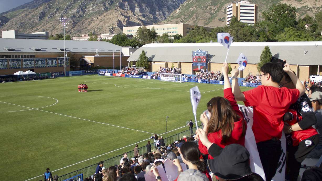 A sellout crowd of more than 3,600 fans lined South Field at BYU for a pre-World Cup friendly between Korea Republic and Trinidad and Tobago, Saturday, May 30, 2026 in Provo, Utah.
