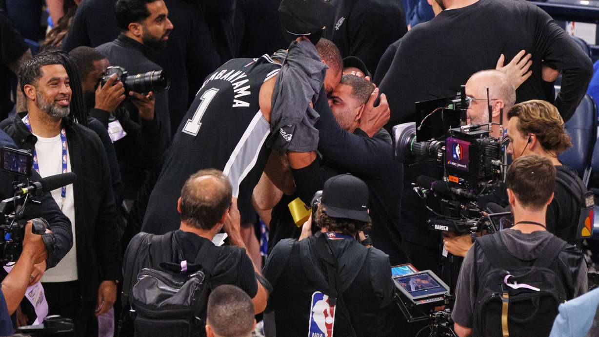 San Antonio Spurs forward Victor Wembanyama celebrates after defeating the Oklahoma City Thunder in Game 7 of the Western Conference finals of the NBA basketball playoffs series Saturday, May 30, 2026, in Oklahoma City.