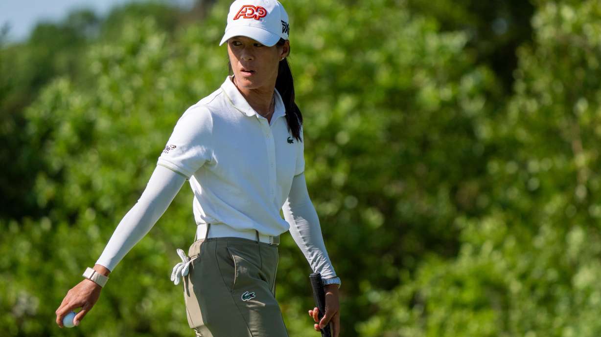 Celine Boutier looks back after her putt on the fourth hole during the first round of the ShopRite LPGA Classic golf tournament, Friday, May 29, 2026, in Galloway, N.J.