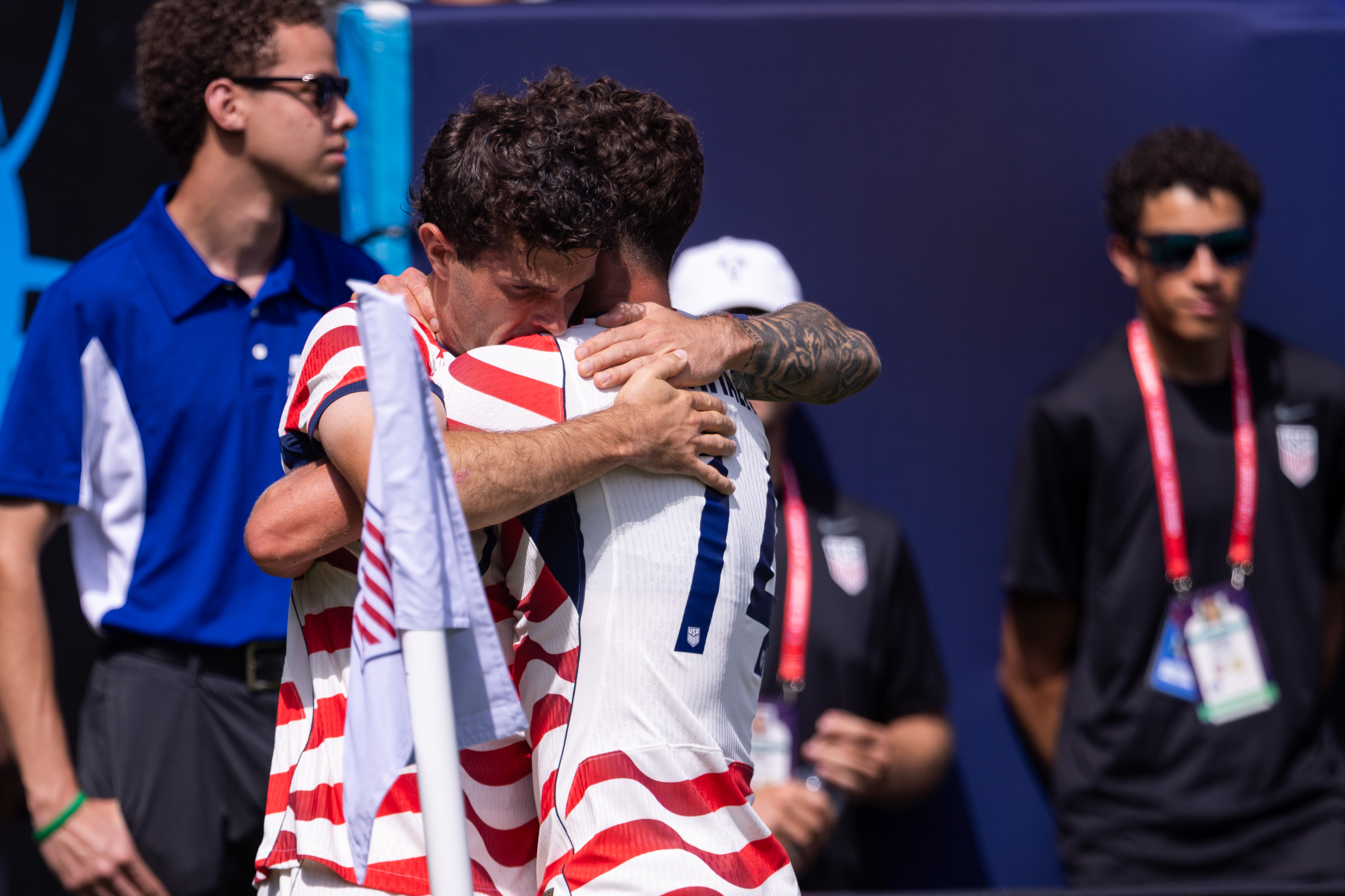United States forward Christian Pulisic, center left, celebrates with midfielder Sebastian Berhalter (14) after scoring in the first half against Senegal in an international friendly soccer match Sunday, May 31, 2026, in Charlotte, N.C. 